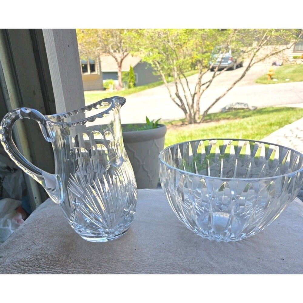 Vintage Gorham Cut Glass Crystal 8" Pitcher Fan design and 9" bowl